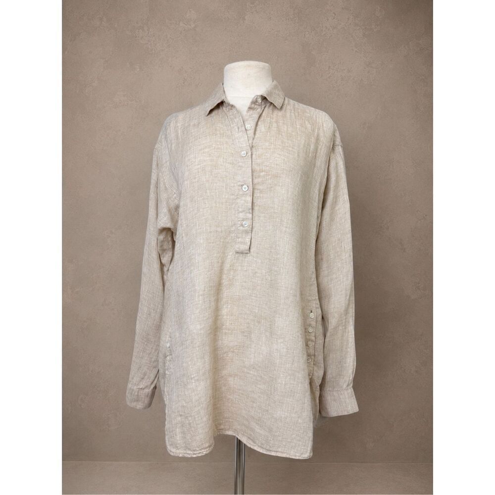 J. McLaughlin Sz M Beige Linen Button Detail Tunic Blouse